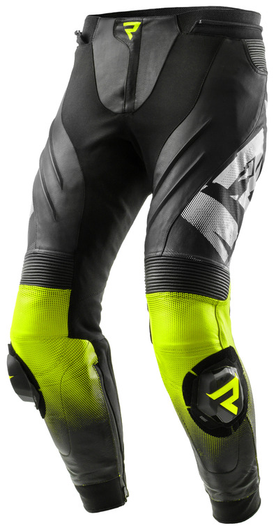 REBELHORN INFERNO BLACK WHITE FLUO YELLOW SPODNIE MOTOCYKLOWE SKÓRZANE (46)
